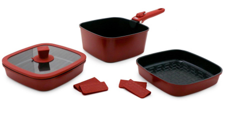 Набор посуды BoOhgle (бордовый) 5 в 1 со съемной ручкой c антипригарным керамическим покрытием от компании "Кореал - Настоящая Корея"